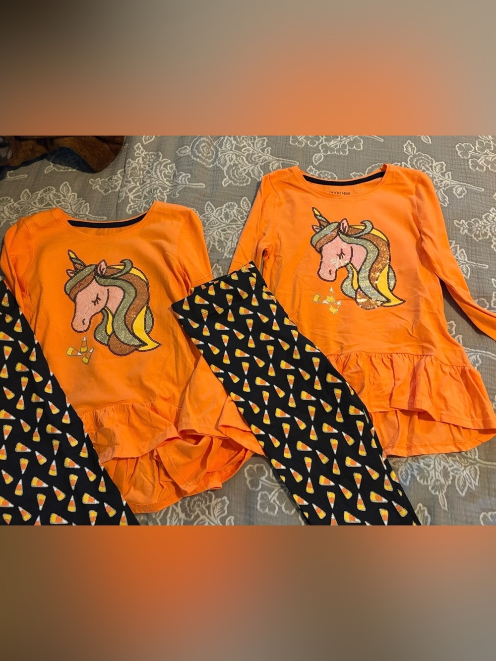 Twin set: Girls' Orange Unicorn Set with Candy Corn Leggings